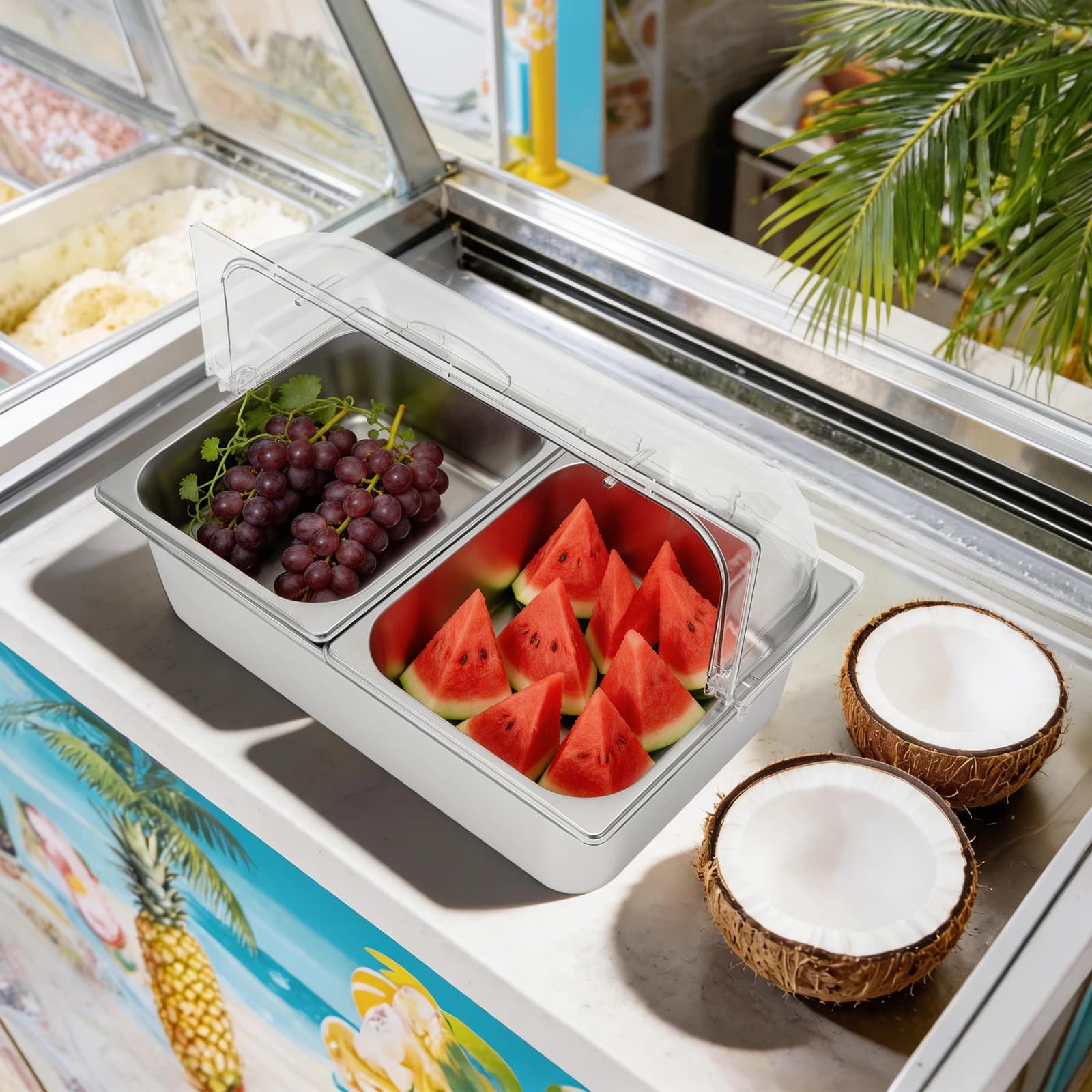 2 Compartment Stainless Steel Food Serving Container Flip PC Lid with Spoons Clamps and Water Bags for Fruit Snack Party Buffet