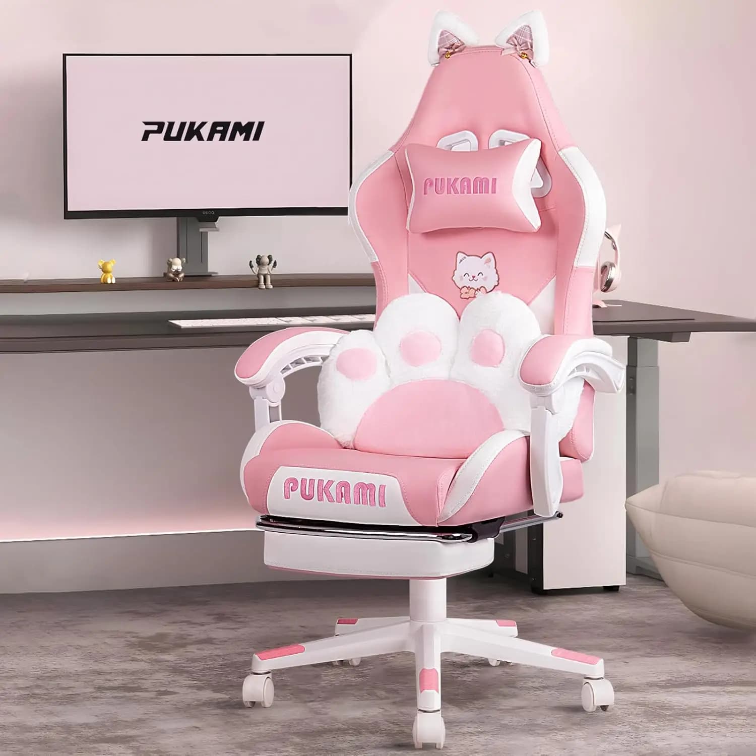 Sedia da Gaming Rosa Carina con Orecchie e Zampe di Gatto, Sedia Ergonomica da Computer per Ragazze con Poggiapiedi e Poggiatesta, C