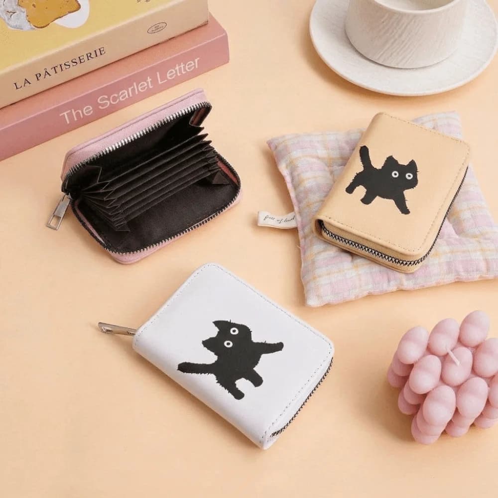 Portafoglio alla Moda con Gatto Cartoon, Cerniera in Pelle PU, Porta Carte Multiplo, Borsa Multifunzionale per Studenti