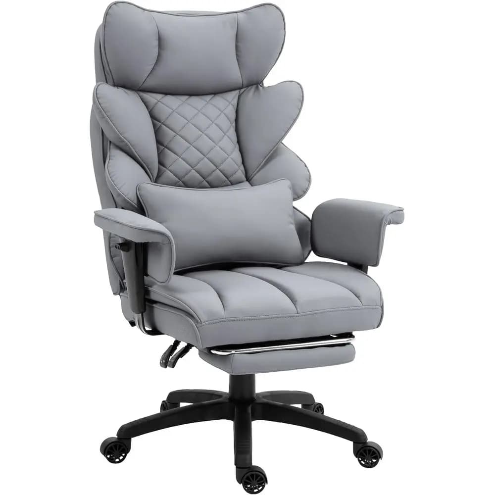 Sedia da ufficio ergonomica grande con schienale alto, cuscino pneumatico, braccioli regolabili, supporto lombare e poggiapiedi in similpelle grigia