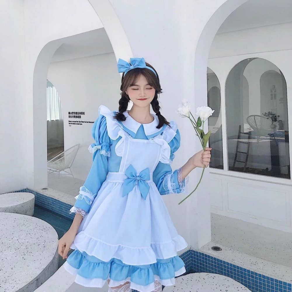 Costume da Alice nel Paese delle Meraviglie per Halloween, Uniforme da Cameriera a Maniche Lunghe, Stile Lolita, Gonna da Principessa Carina per Donna