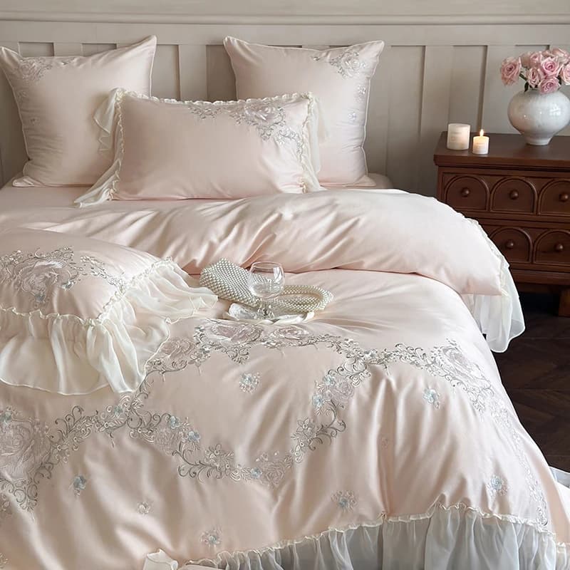 Pink 1000TC Egyptian Cotton Flowers Embroidery Set Bed linen Luxury Chiffon Lace Copripiumino Bed linen True Queen King Size