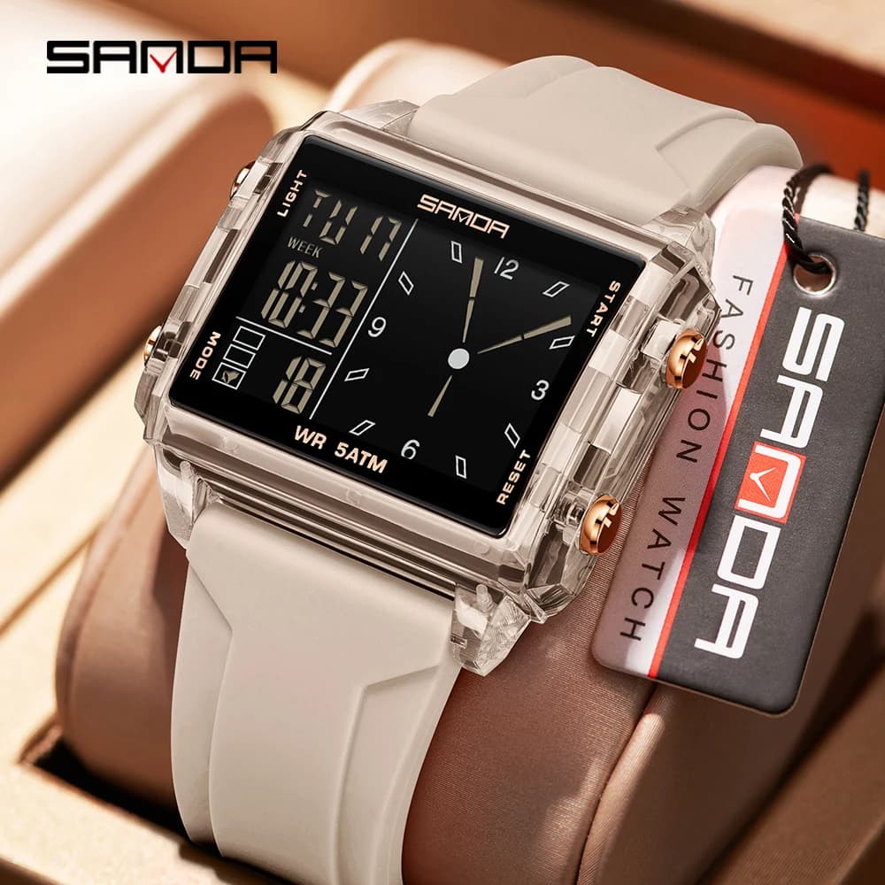 SANDA 6273 Orologio da polso originale per uomo e donna con conto alla rovescia, allarme, doppio tempo, resistente all'acqua, orologio elettronico in silicone di lusso