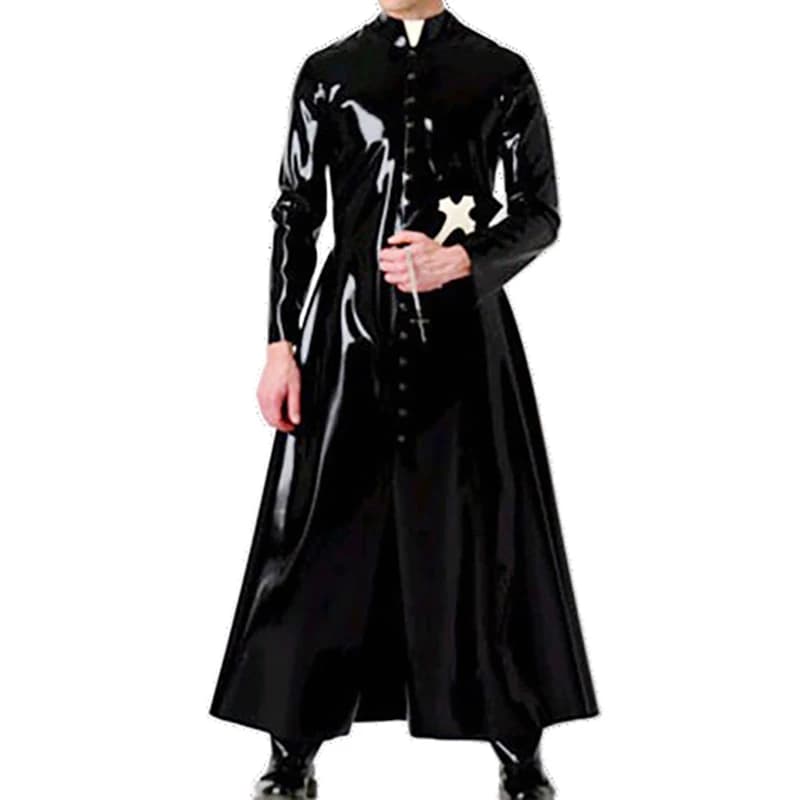 Black Sexy Latex Monastic Clothes Buttons Front Long Rubber Religious Habit Monk Uniform Monacal Blackfriars Robe Coat 154