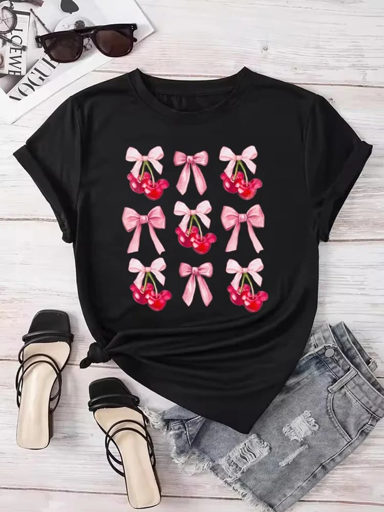 ovely Style Fashion Summer Women Cherry Bow Print T Shirt Female Casual Top Tshirts Cartoon Graphic Tee T-Shirt
