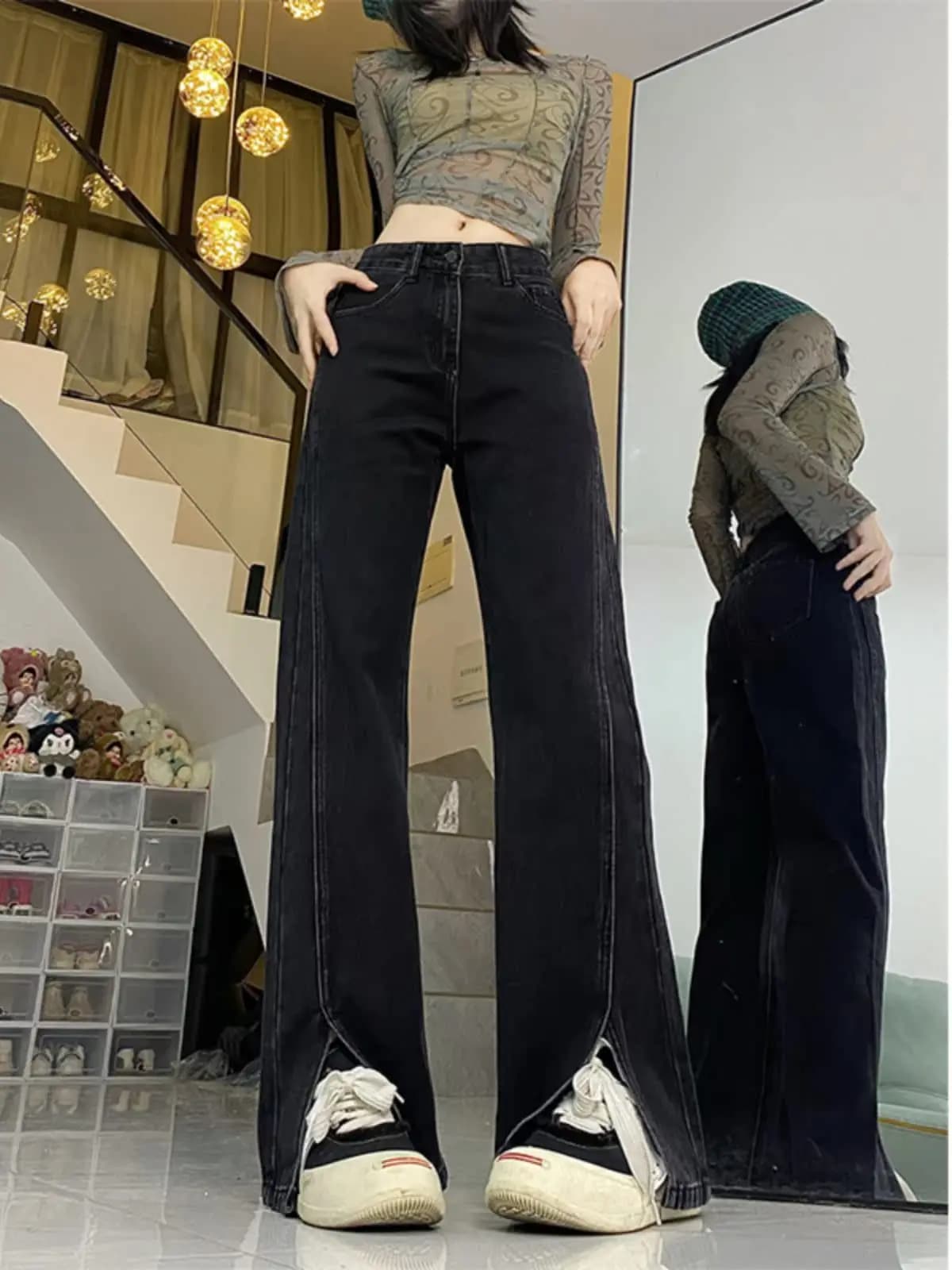 plus Size High Waist Straight Leg Grey Black Slit Denim Jeans Women Spring Loose Wide Leg Slimming Ankle Length Trousers