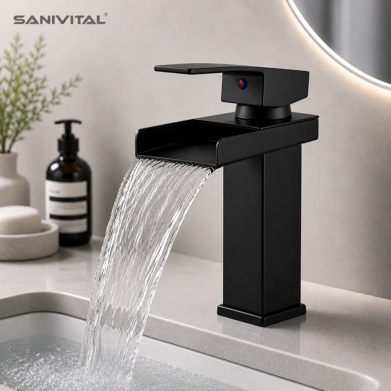 SANIVITAL Rubinetto da Bagno a Cascata in Acciaio Inox Nero Opaco, Miscelatore Monocomando per Lavabo, Moderno, Montaggio su Piano, Acqua Calda e Fredda