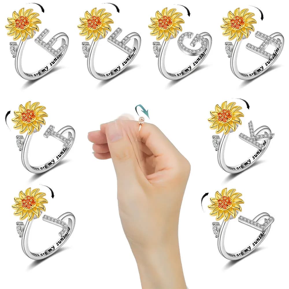 Anelli antistress per l'ansia Fidget per le donne Acciaio satinato 26 lettere Spinner Girasole Sole Stella Anello Regalo di gioielli per ragazza alla moda