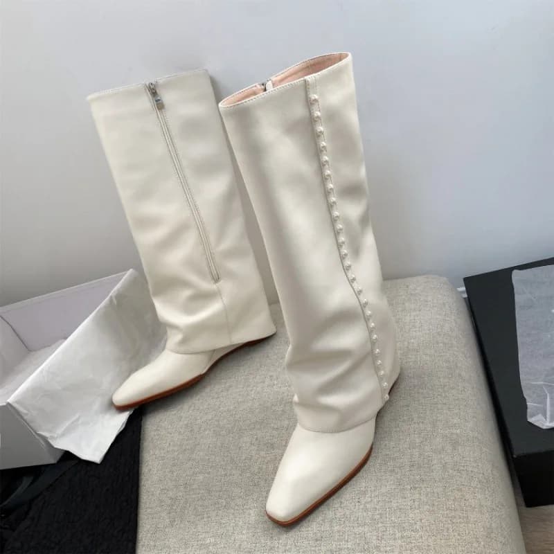 Stivali al ginocchio da donna con punta quadrata in morbida pelle Street Style Zeppe Tacchi alti Autunno Inverno Scarpe con cerniera