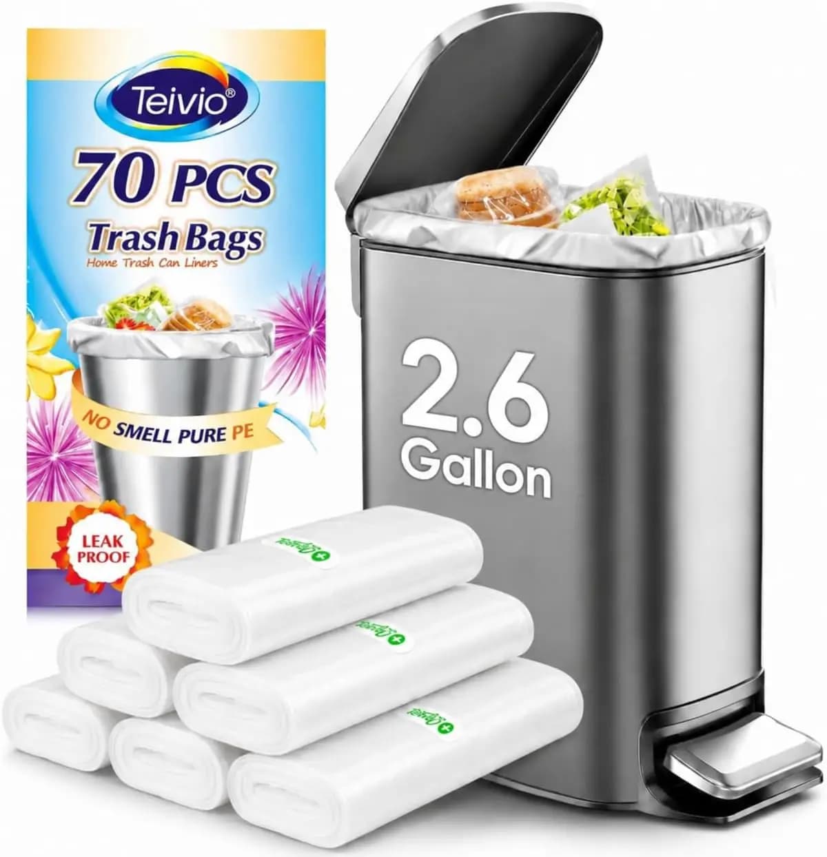 2.6 Gallon 70 Counts Strong Trash Bags Garbage Bags, Bathroom Trash Can Bin Liners, Small Plastic Bags for Home Office Kitchen,fit 10 Liter, 2,2.5,3 Gal, Clear