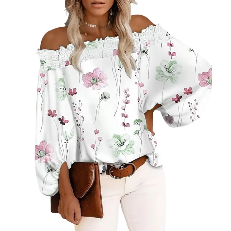 Camicetta da donna taglie forti, nuova, casual, con stampa floreale, spalle scoperte, maniche lunghe, alla moda, estiva, da spiaggia