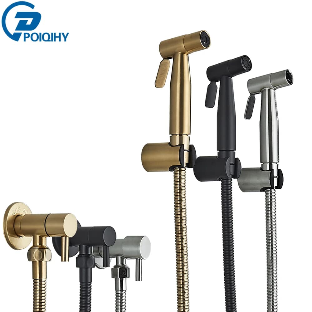 Spruzzatore per bidet per WC portatile in oro spazzolato Doccia per bidet in acciaio inossidabile Doccia igienica Parete per WC Spruzzatore per bidet Acqua fredda