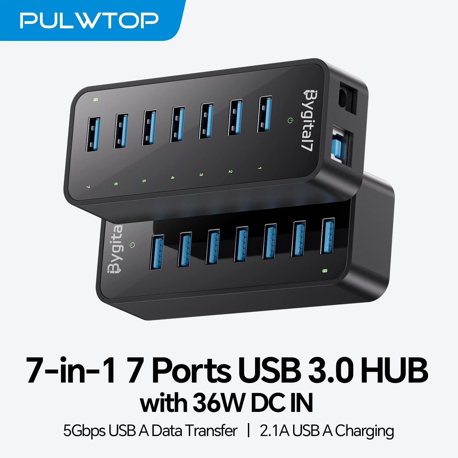 Powered USB 3.0 Hub, USB Splitter for Laptop, PC, Desktop, External HDD, Mobile Devices, BC1.2 Port, 36W Power Adapter Included