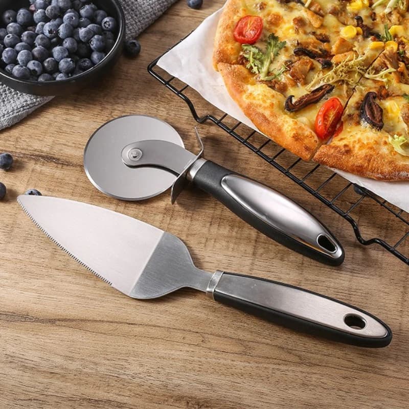 Set di tagliapizza e raschietto in acciaio inox con manico, coltello per pizza a ruota singola rotonda, raschietto per pizza, utensile da cucina