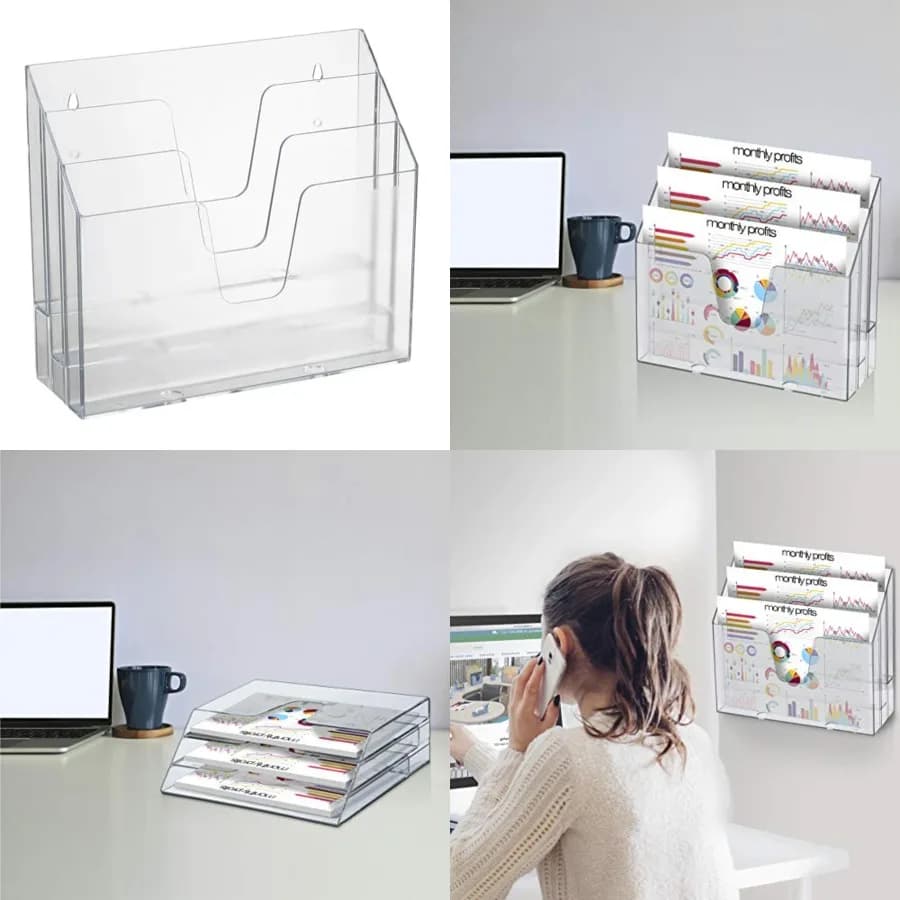 Organizzatore portadocumenti triplo orizzontale in colore cristallo trasparente per un archiviazione efficiente di documenti per ufficio e un facile accesso