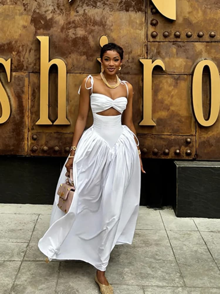 Hollow Out Maxi Dress High Waist Slim Fit A Line Halter Robe Lace Up Party Long Vestidos 2025 Women Dresses Club Gowns Dresses