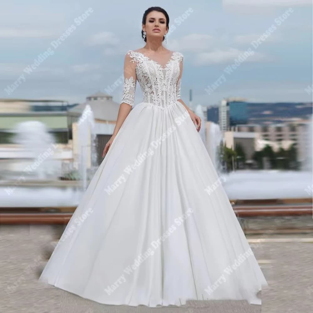 Graziosi abiti da sposa da donna a trapezio con scollo a V Abiti da sposa moderni con maniche a tre quarti Lunghezza lavaggio Robes De Mariee personalizzati