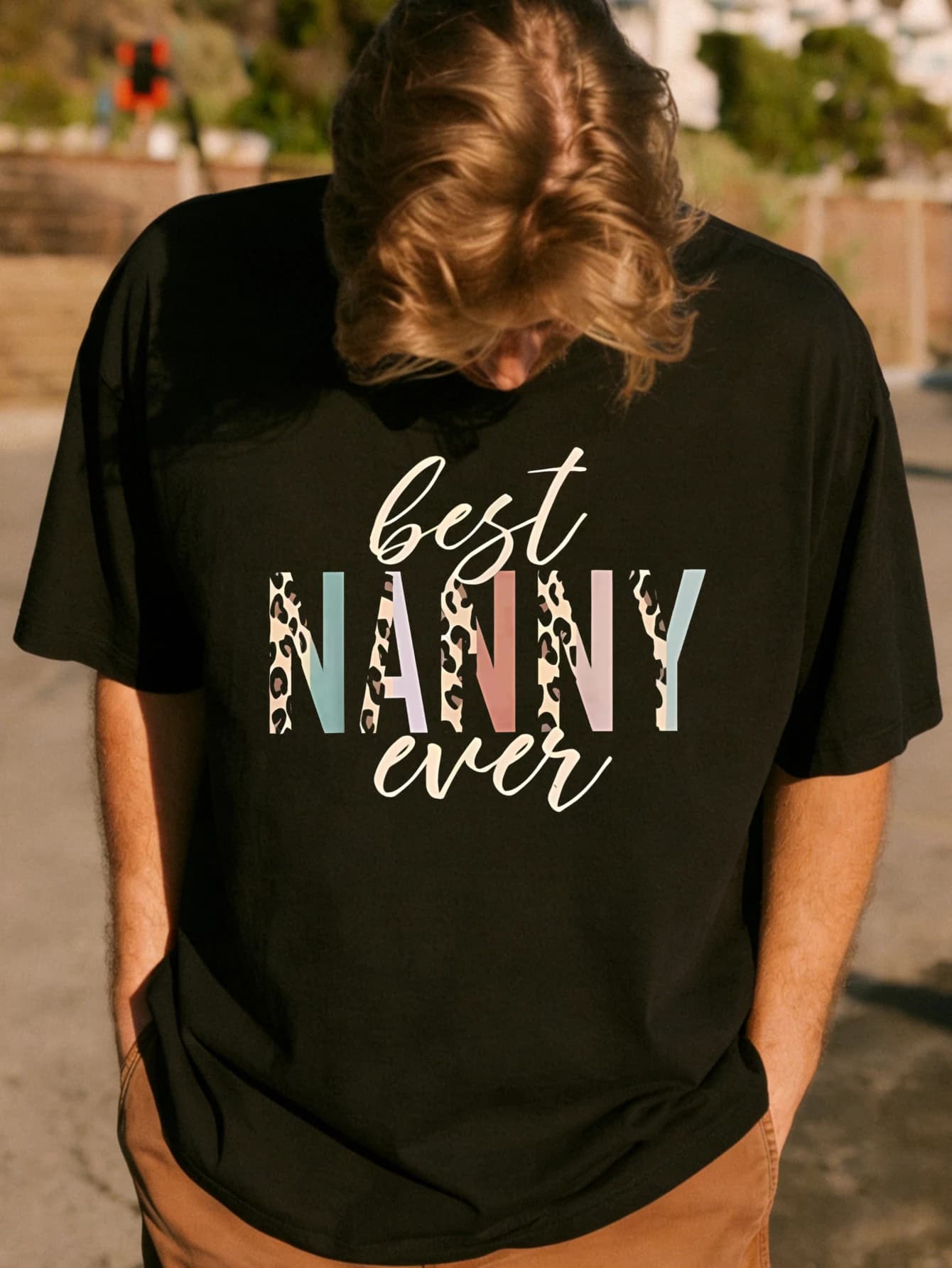 T-shirt da uomo oversize in cotone con grafica divertente, stampa 'Best Nanny Ever', manica corta, casual, estiva.