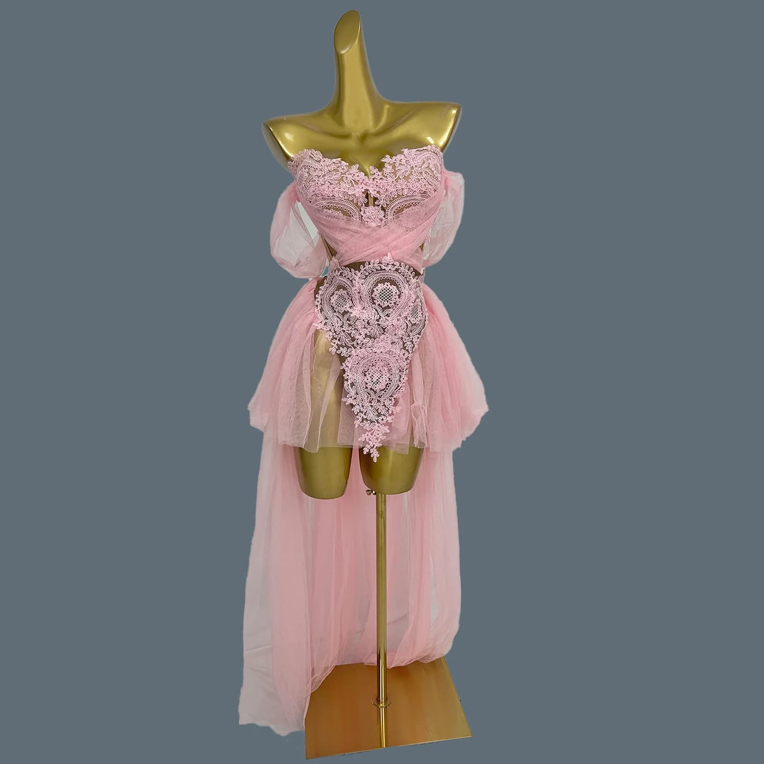 Long-tailed short evening dress pleated in sexy gauze women's birthday party outfit Crop Top Long skirt Set of 2 pieces Shenxian