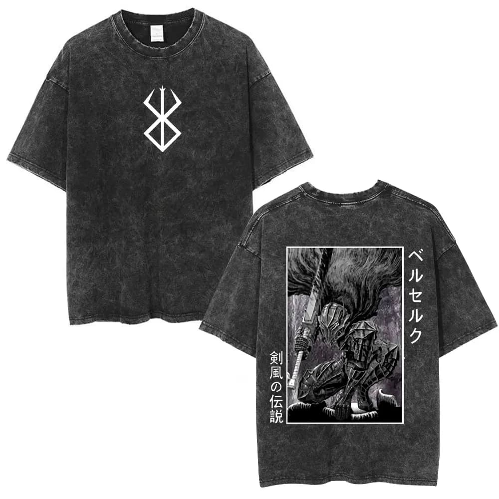 Japanese Anime Berserk Guts Vintage Washed T Shirt Swordsman Gatsu Sacrifice Zodd T-shirts Men Women Cotton Casual T-Shirt Tops