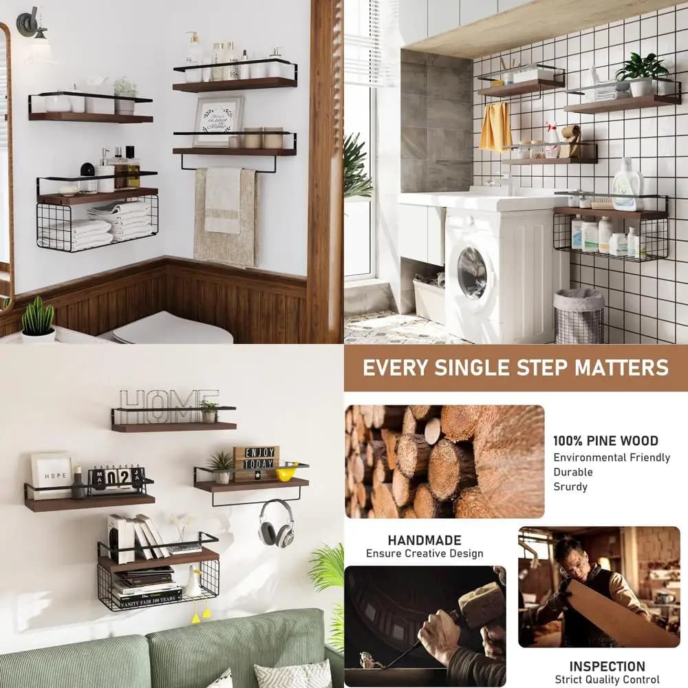Scaffale Rustico a 4 Ripiani da Parete con Portasciugamani e Cesto per Bagno, Cucina e Camera da Letto