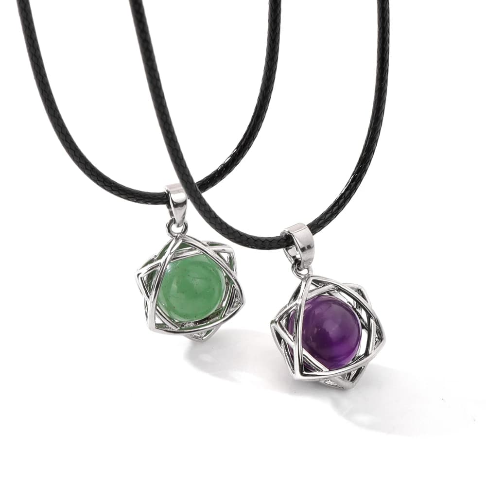 Hexagram Star Stone Pendent Necklace Natural Amethysts Quartzs Gem Leather Rope Necklace Tantrism Star Of David Jewelry Gift