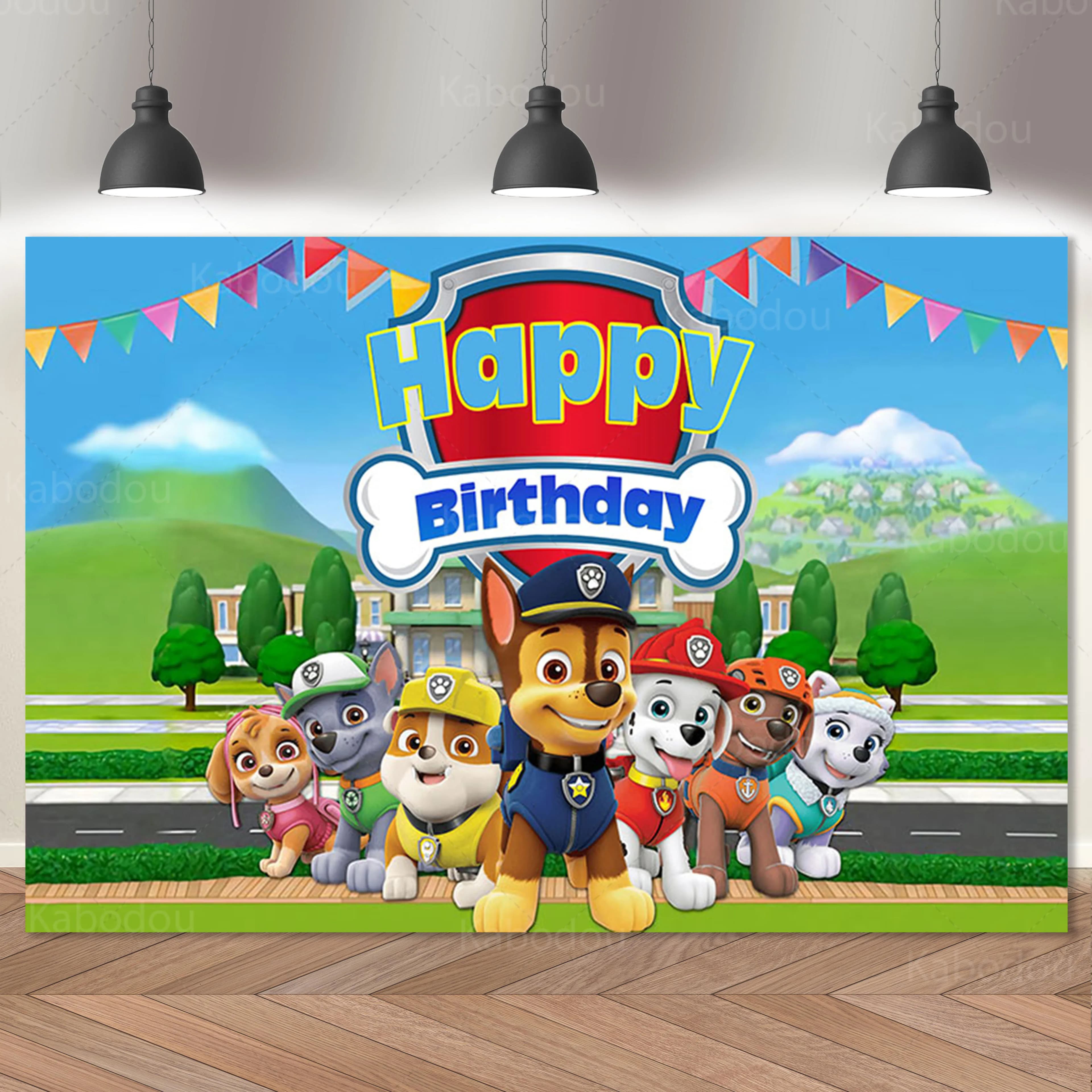 Paw Patrols Sfondo Ragazzi Decorazione festa di compleanno Cani dei cartoni animati Fotografia Sfondo Banner Poster Baby Shower Studio Prop