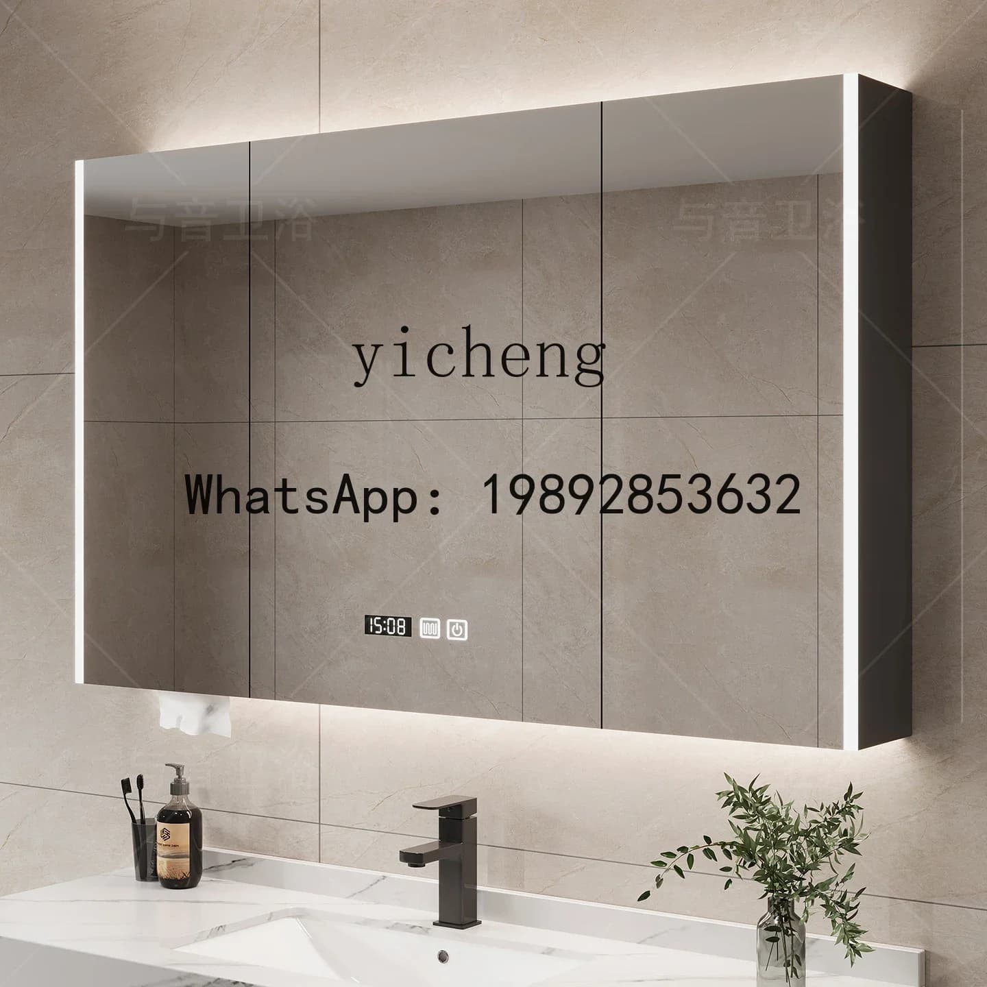 Armadietto a specchio intelligente Y1 per bagno, montato a parete, con lampada antiappannamento, specchio da bagno in legno massello con ripiano
