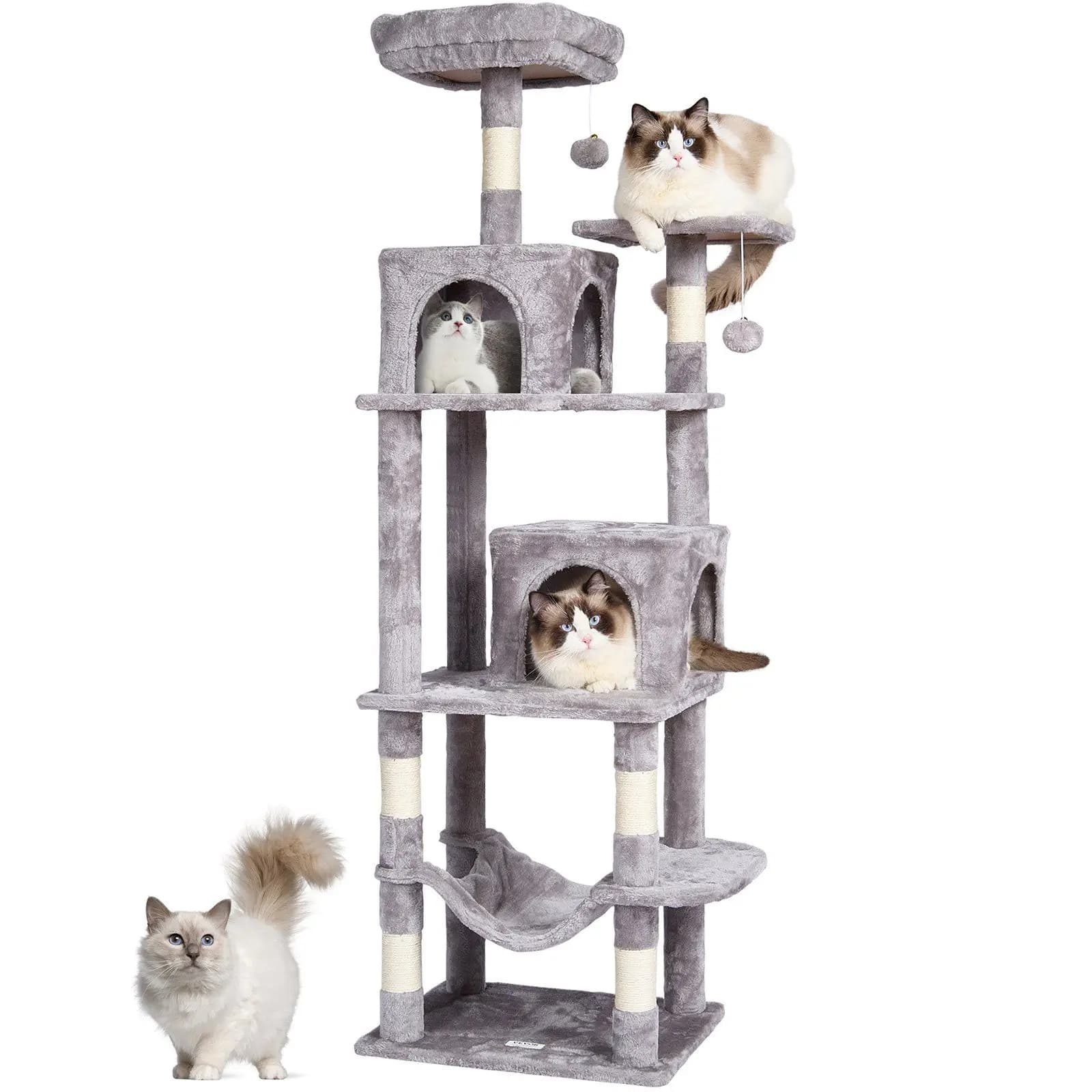 Torre per gatti multilivello da 63" con condotti nascosti Tiragraffi in sisal Persico superiore e rivestimento morbido Grigio chiaro