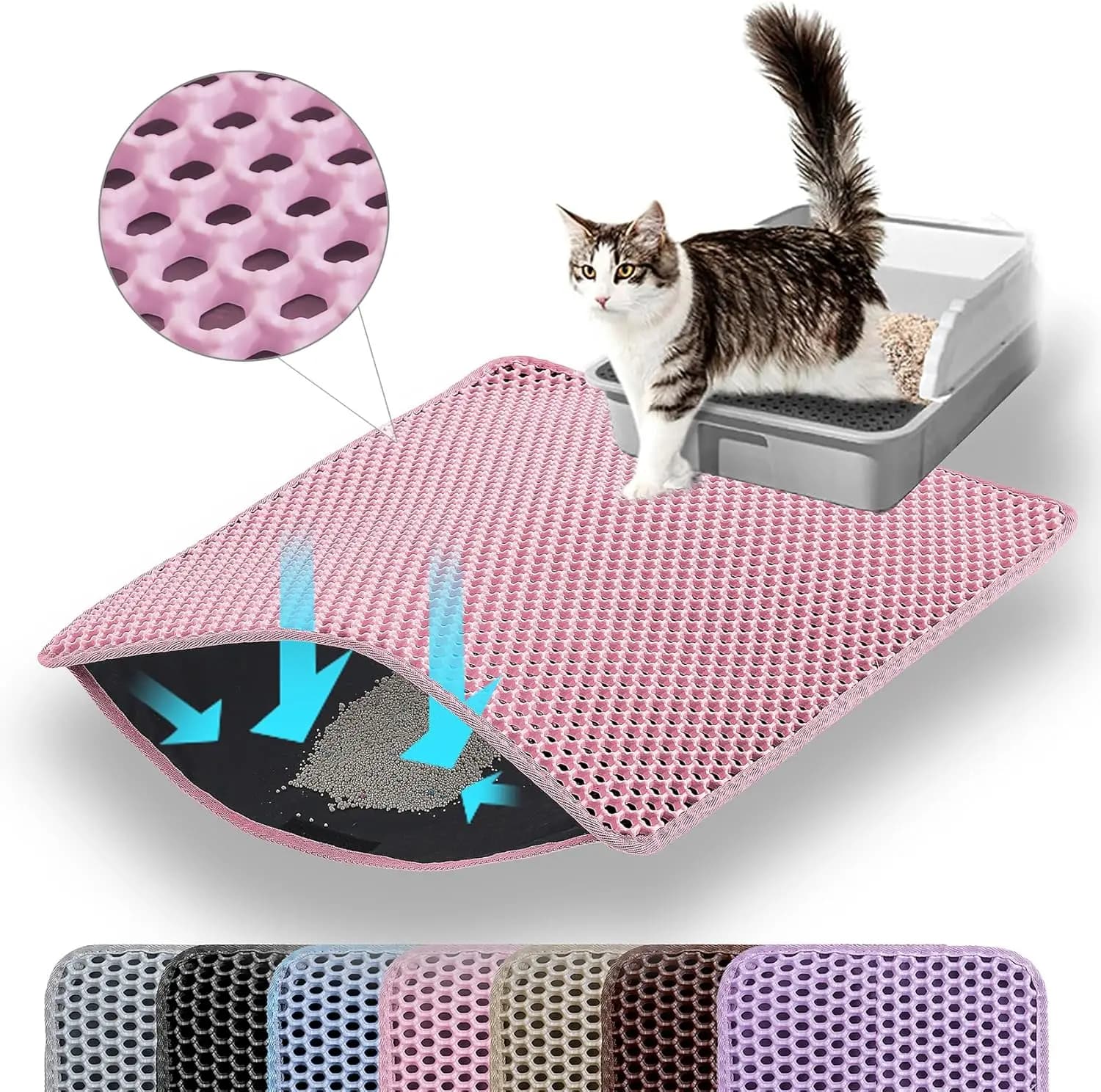 Tappetino per Lettiera Gatti a Doppio Strato a Nido d'Ape, 24x18 Pollici, Antiscivolo Impermeabile Resistente all'Urina per Pavimento, Rosa