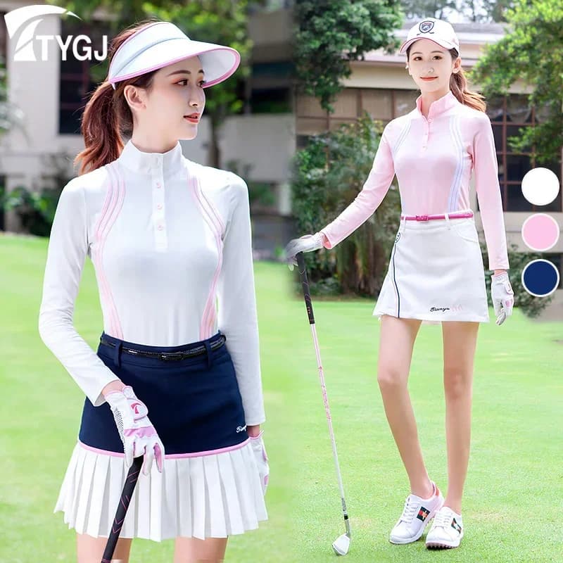 TTYGJ maglietta da Golf a righe ad asciugatura rapida da donna maglietta da donna a maniche lunghe con protezione solare maglietta da Golf con colletto alla coreana abbigliamento sportivo autunnale