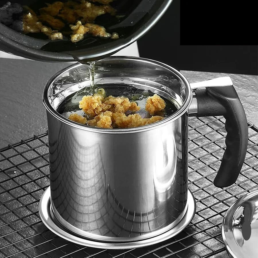 1,4 L Colino per olio Pentola a maglia fine Filtraggio rapido con coperchio Acciaio inossidabile Frittura Pancetta Grasso Contenitore per olio Forniture da cucina