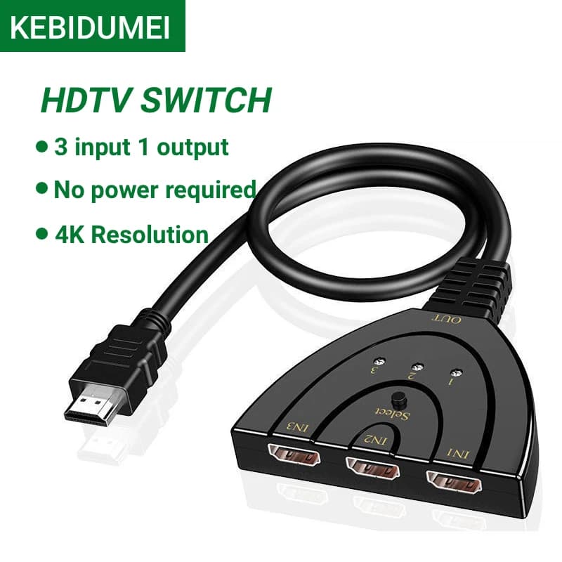 Splitter HDTV 4K Compatible 3 Inputs 1 Output, HD Selector, Support Full HD 4K 1080P 3D for HDTV Readers, PS4 Game Console