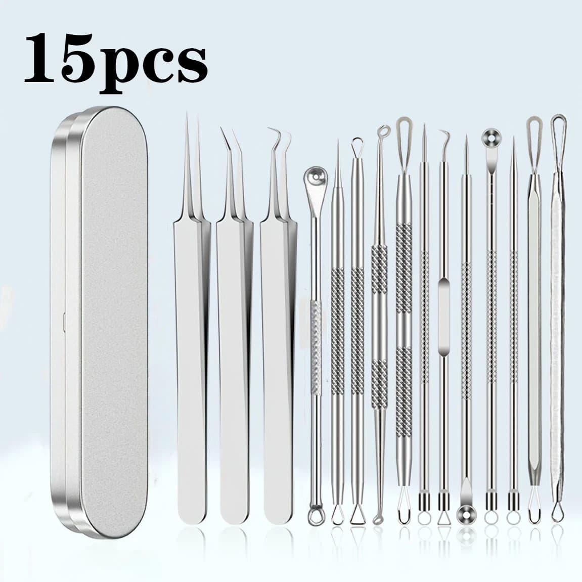 Set di 15 strumenti di bellezza per la pulizia del viso, pinze in acciaio inossidabile, clip per celle, estrattore di comedoni, strumento per la rimozione di punti neri e punti bianchi