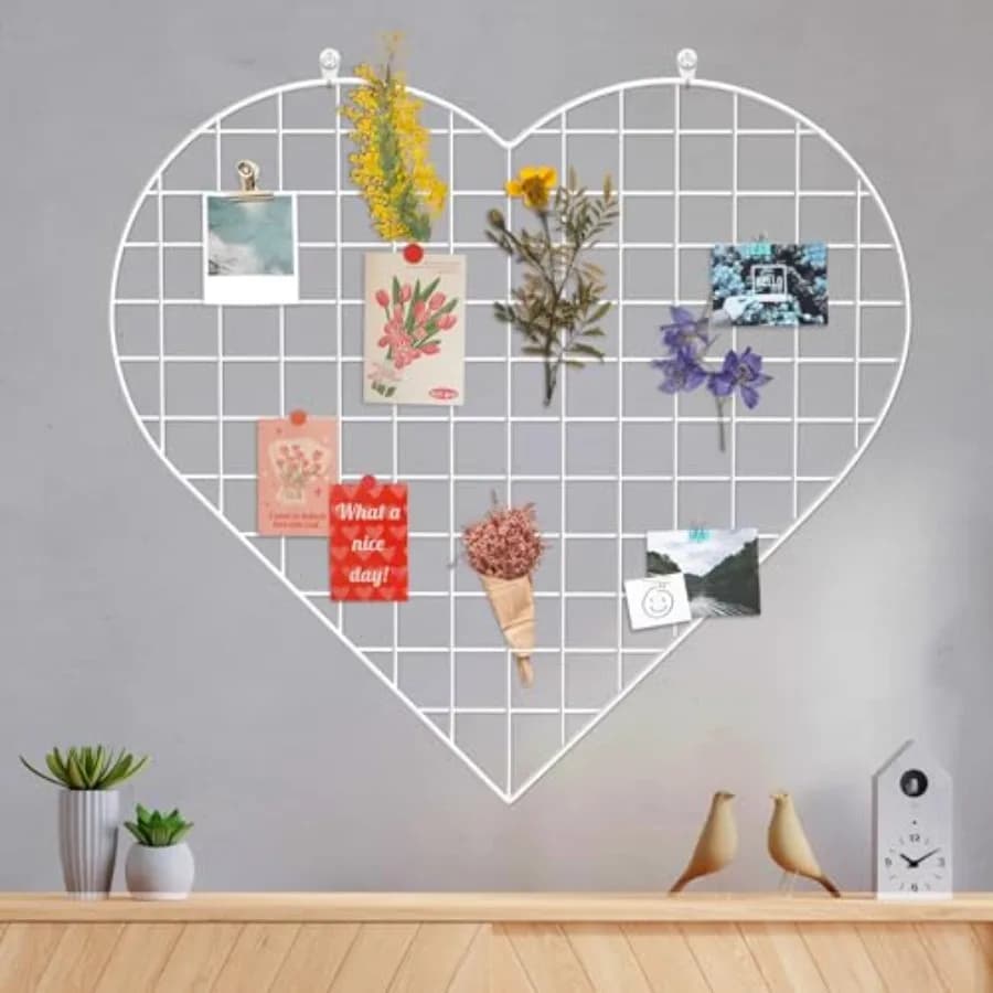 Pannelli a Griglia per Foto - 57x51 cm, Organizer a Parete in Ferro a Forma di Cuore, Cornice Portafoto Fai-da-te per Casa e Ufficio
