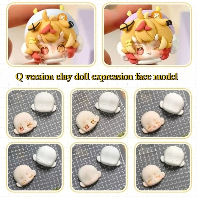 Q Version Doll Face Silicone Mold Cute Expression Face Mold for Air Dry Clay Polymer Resin Soft Clay DIY Mini Figure Making Tool