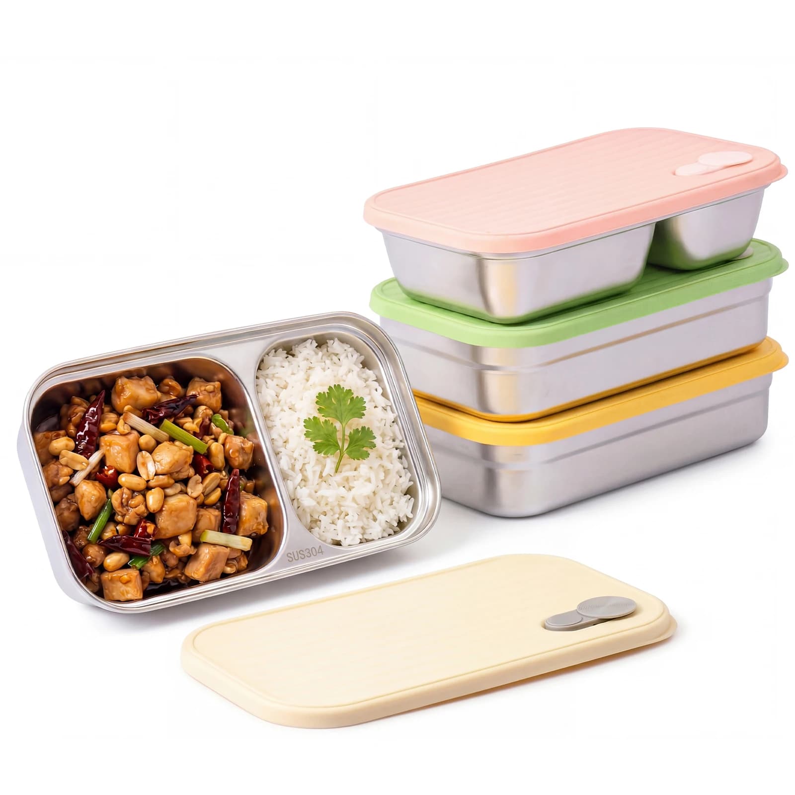 Set di 4 Contenitori per Alimenti in Acciaio Inox, Scatola per Sandwich con Coperchio Ermetico, Contenitore Bento Riutilizzabile per Scuola e Asilo