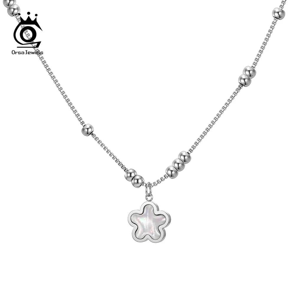 ORSA JEWELS Stainless Steel Chic Sweet Flower Pendant Necklace for Women Summer Daily Shell Collarbone Engagement Jewelry STMN25