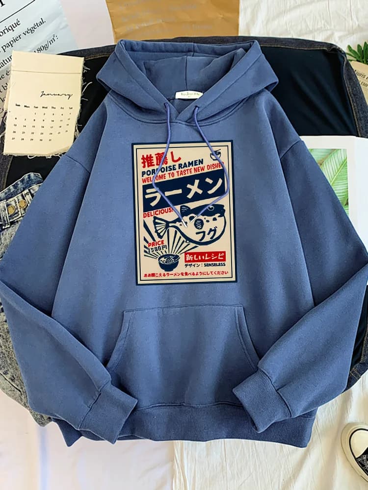 Puffer Fish Ramen Menu giapponese Poster stampe felpe con cappuccio da donna tuta Oversize abbigliamento autunno moda abbigliamento sportivo femminile