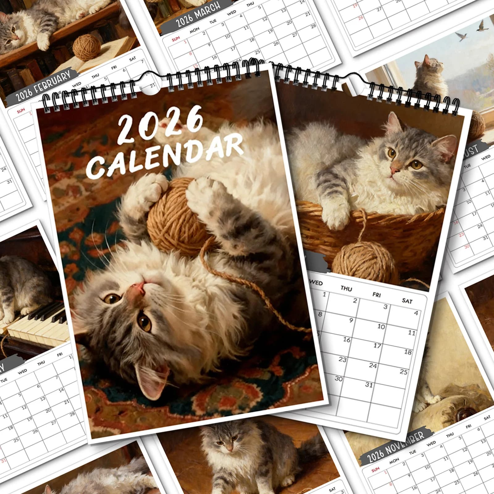 Calendario a spirale 1PC 2026, tema giocoso gatto con palla di filato, ideale per la scrivania della camera da letto di casa, regalo per l'inaugurazione del cuore, perfetto per i regali natalizi