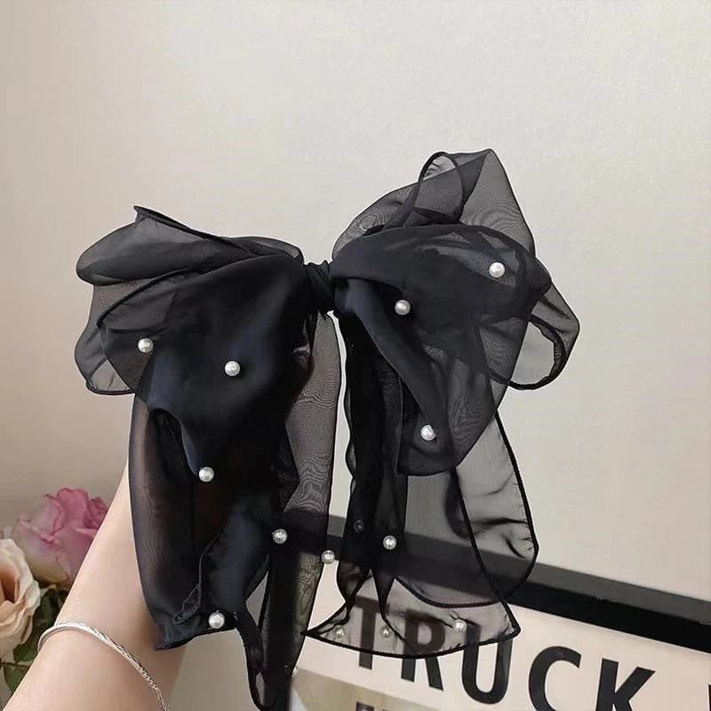 Fermagli per capelli con fiocco di perle e nastro alla moda per donna, eleganti fermagli a fiocco in chiffon per coda di cavallo, barrette a fiocco, accessori dolci per capelli