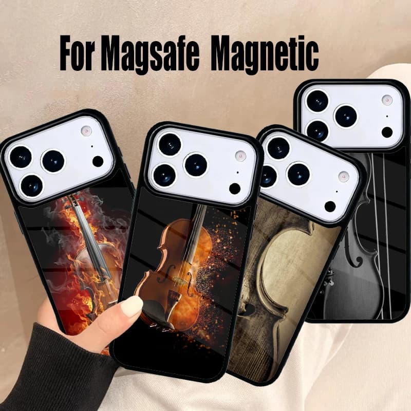 Elegante Cover per iPhone in Legno a Forma di Violino/Cello con Funzione Magnetica Wireless Magsafe per iPhone 17 Air 16e 15 14 13 12 11 Pro Max Plus