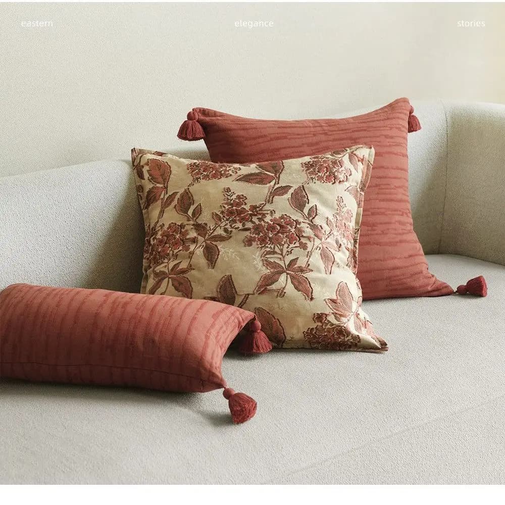 Fodera per cuscino in cotone con nappe floreali vintage francesi, serie Fiori Rossi, per divano o cuscino lombare