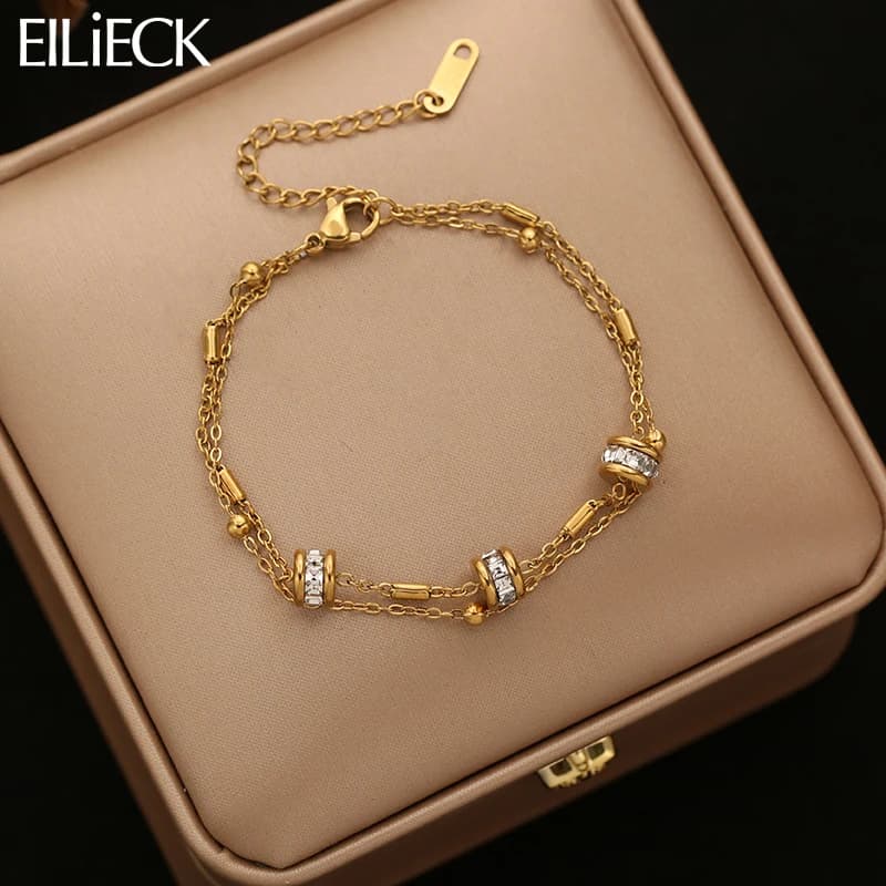 EILIECK Bracciale classico con perline in zirconi sintetici in acciaio inossidabile 316L per donna, catena per mano con gioielli alla moda placcata in oro 18 carati PVD