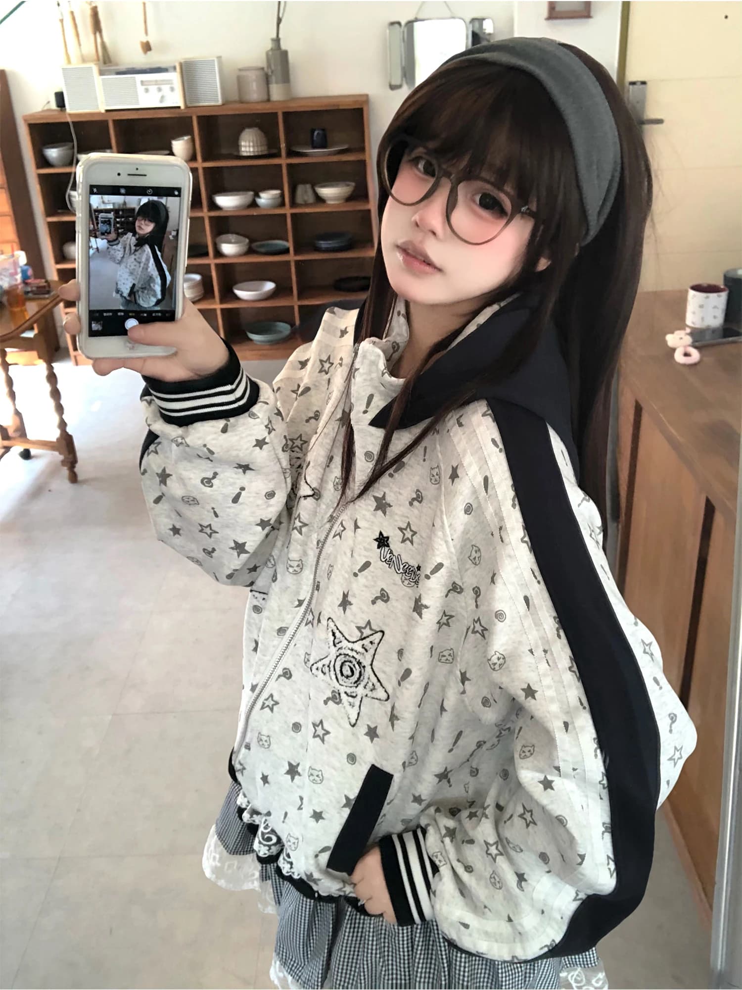 TUDOU American Style Star Print Hoodie Women's Loose Fit Short Coat Spring 2026 Early Spring Outerwear Casual Streetwear
