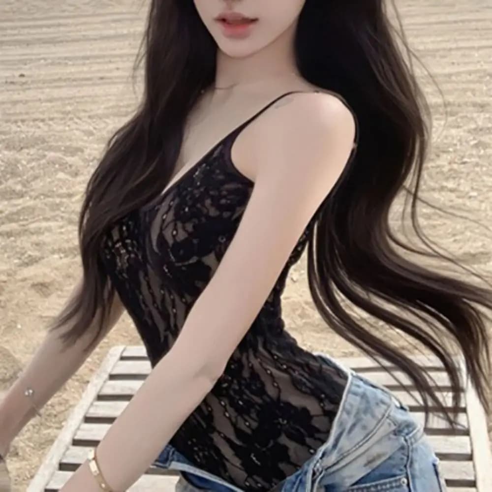 Slim Fit Lace Bodysuit Hollow Lace U Neck Corset Bodysuit Transparent Lace Sleeveless Backless Bodysuit Summer Streetwear