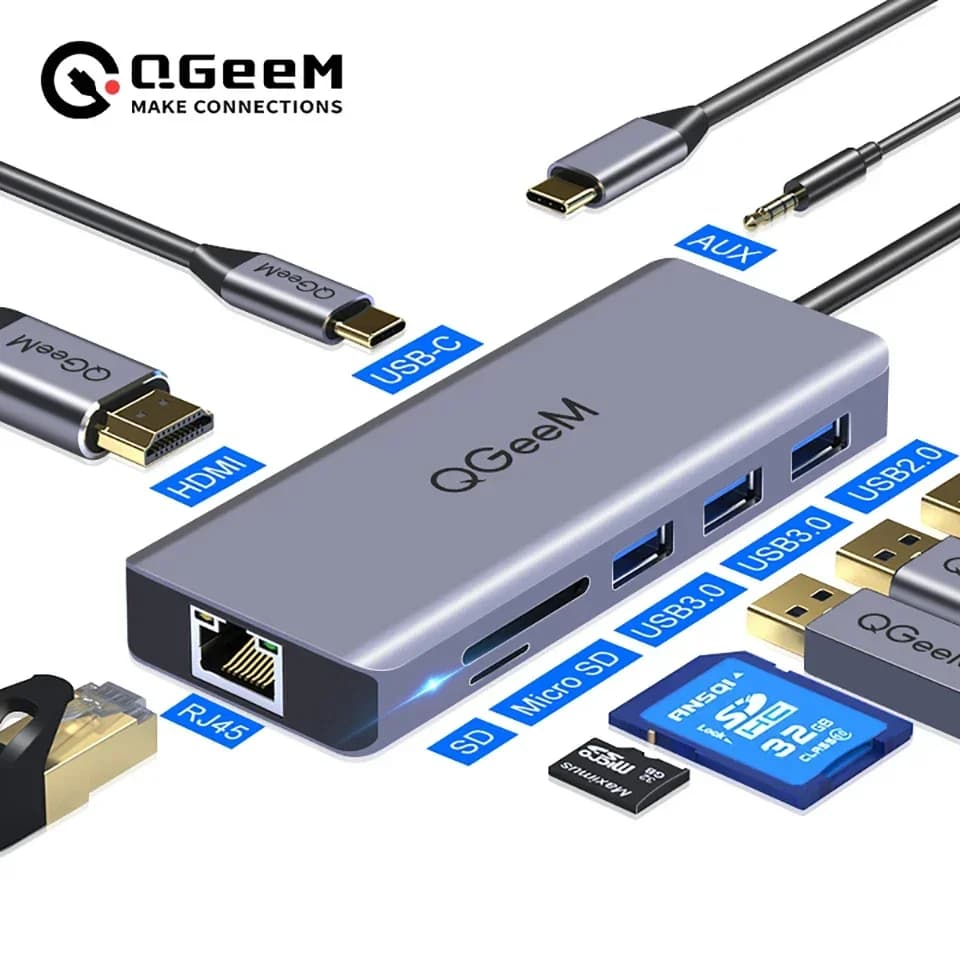 Hub USB C QGeeM per Macbook Pro Air Xiaomi HDMI VGA SD Lettori di schede Micro SD RJ45 Aux PD OTG Hub USB multiplo Tipo C Dock 3.0 Splitter adattatore di alimentazione per notebook Laptop Tablet Computer PC Accessori