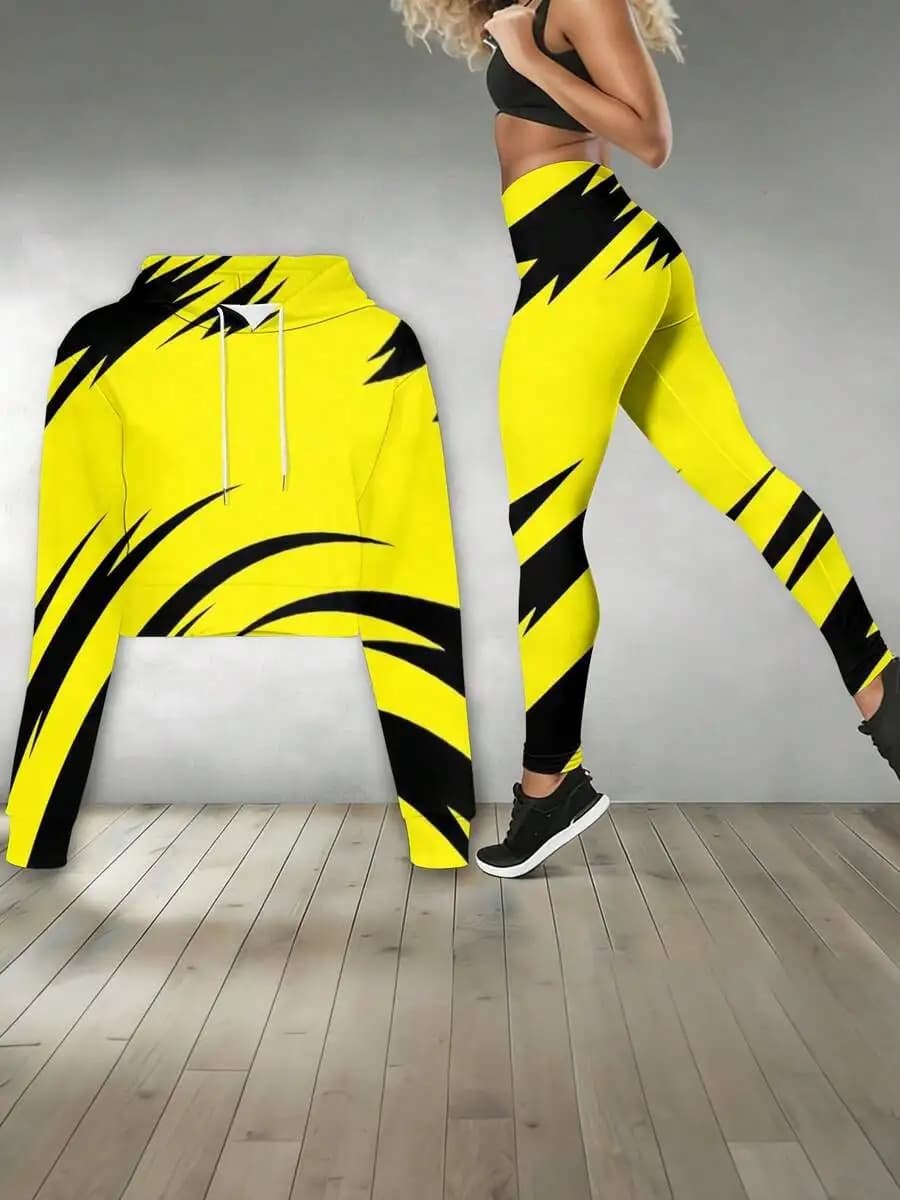 Set di felpa corta con cappuccio e leggings da donna, completo sportivo casual con stampa a righe astratte giallo nero