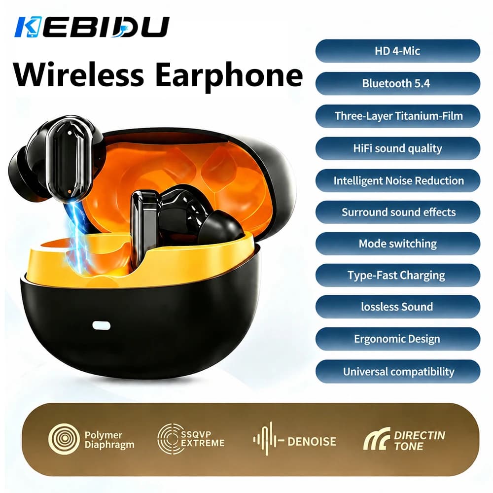 KEBIDU Bluetooth 5.4 Headphones HiFi Stereo In-Ear Earbuds ANC Noise Cancellation Gaming Earphones Sport Waterproof Headsets