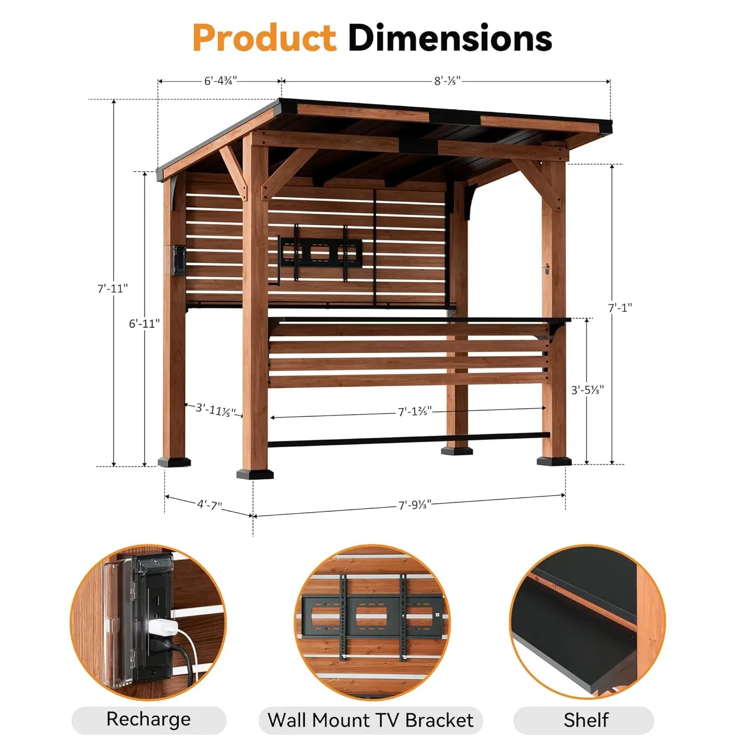 Gazebo in Legno di Cedro con Tetto in Acciaio, Ripiani, Portarotolo, Supporto TV e Presa di Corrente per Patio e Giardino, Personalizzabile